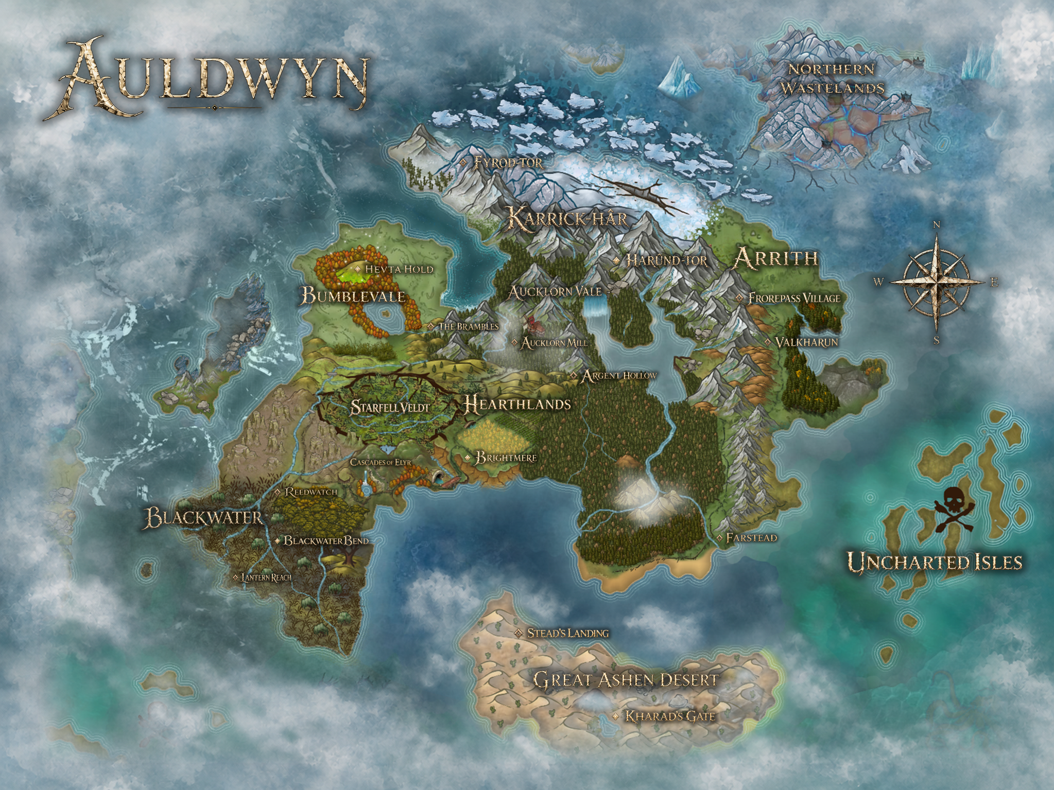 Illustrated campaign map of Auldwyn showing its major regions and settlements